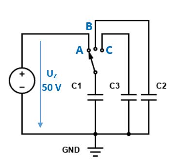 44. [Příklad č. 69] Napětí na kondenzátorech v obvodu s přepínačem
